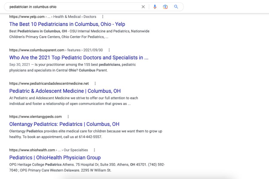 a google search for pediatrician in columbus ohio showing the seo results