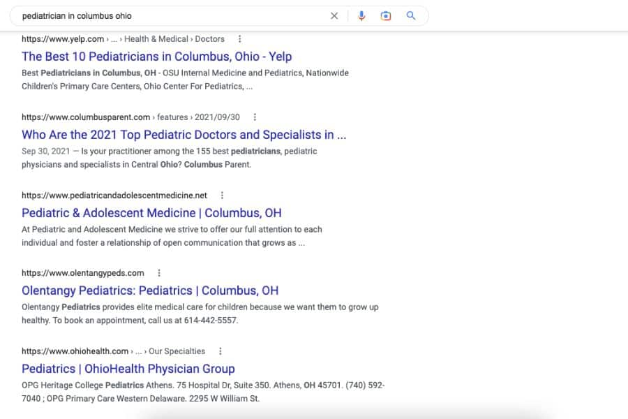seo for medical professionals a google search for pediatrician in columbus ohio showing the seo results