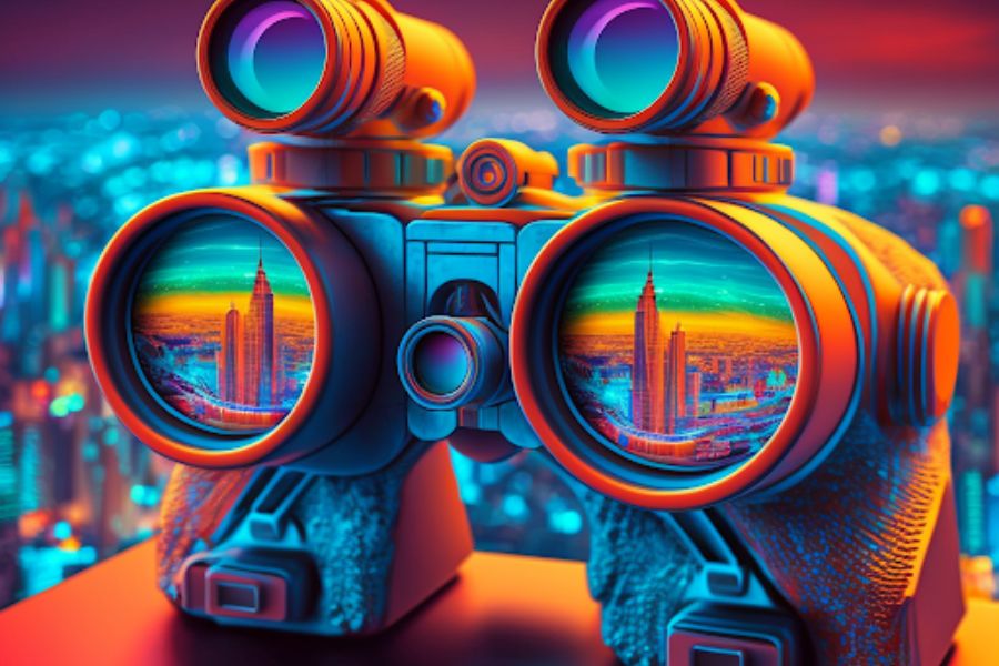 binoculars looking towards a city with the skyline reflected in the lenses